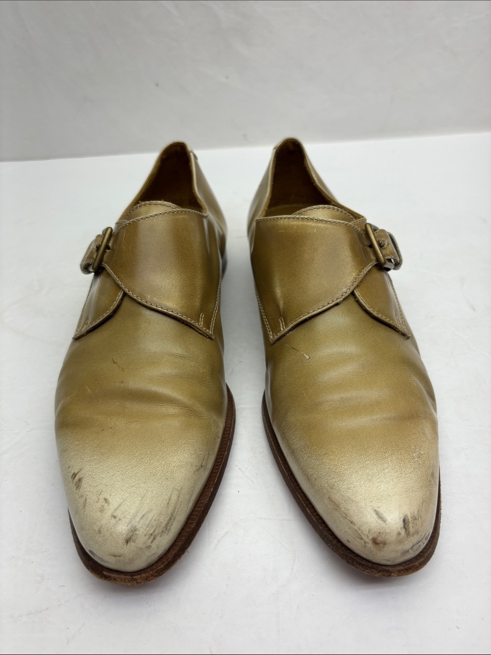 Billy Reid Men's Single Monk Strap Dress Shoes in Gold, SZ 7.5, box 62